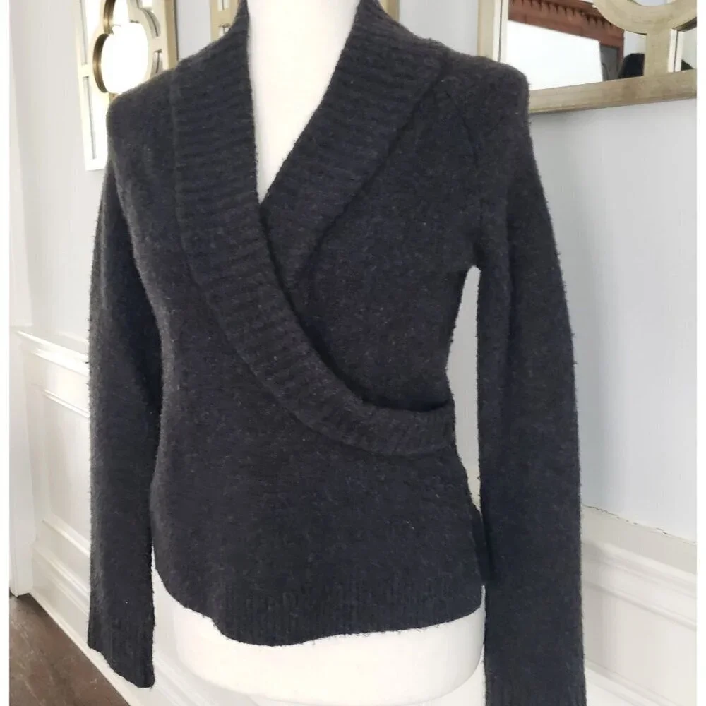 Anthropologie XS Faux Wrap Soft Alpaca Wool Surplice VNeck Collar Grey Sweater